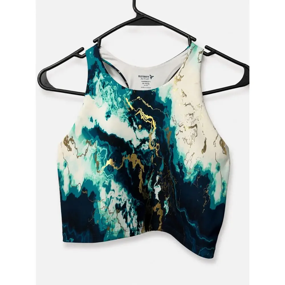 Old Navy Active PowerSoft Girls XL 14-16 Marble Sports Bra Tank Blue Gold